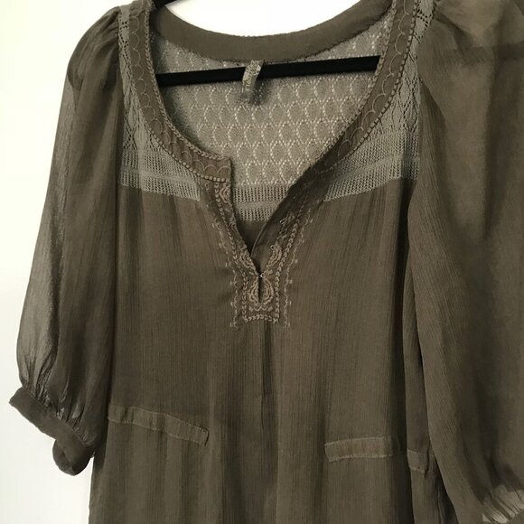 Free People XS Sheer Brown Peasant Boho Mini Shift Dress Embroidered Crochet - Picture 8 of 13